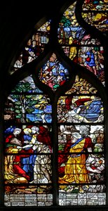 Raam w126 met Abraham ontvangt drie bezoekers; Abraham probeert Isaak te offeren