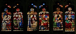 Raam w132 met de Aankondiging, Geboorte: Maria Cleophas met St. Jacobus de Mindere: Maria Salome met St. Johannes: St. Anna met de Maagd als een Drie-eenheid door French School
