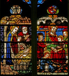 Raam w132 met de Geboorte; Maria Cleophas en kind Apostelen door French School