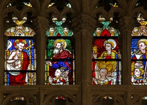 Raam met de verrezen Christus met schenkers en hun patroonheiligen door French School