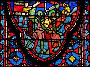 Raam w15 Heilige Relikwieën: Croesus, koning van de Perzen, verwoest Jeruzalem door French School