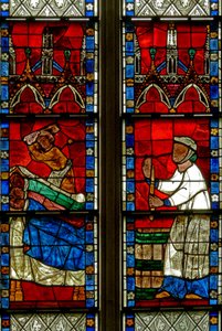 Raam w15 met een scène uit een legende van St. Nicolaas: het wonder van 3 jongens: een slager doodt drie jongens
