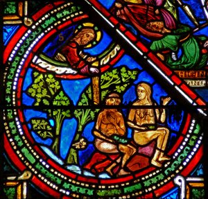 Raam w15 met het Barmhartige Samaritaan raam: Adam en Eva bedekken hun naaktheid