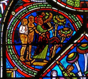 Raam w15 met het Barmhartige Samaritaan raam: God wijst Adam en Eva op de verboden vrucht door French School