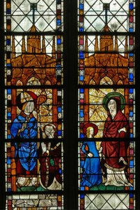 Raam w17 met St. Nicolaas en de schenker Oudin de Troyes; St. Anna en de Maagd Maria door French School