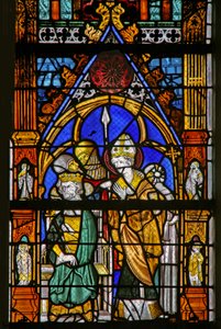 Raam w19 met afbeelding van St. Thomas Becket en Hendrik II die het oneens zijn door French School