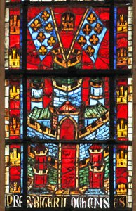 Raam met een kasteel en vlaggen met fleur-de-lis door French School