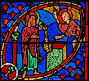 Raam w20 met Zacharias, de vader van St. Johannes de Doper, wordt bezocht door een engel in de Tempel door French School
