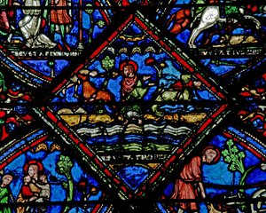 Raam w21 met een scène uit het leven van St. Eustache: zijn kinderen worden meegenomen door wilde dieren door French School