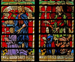 Een schenker - Jean Corart en vrouw met St. Johannes de Doper en St. Catharina door French School