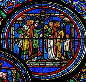 Raam w23 met St. Thomas Becket die kinderen bevestigt door French School