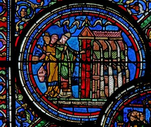 Raam w23 met St. Thomas Becket die een kerk consacreert door French School