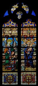 Raam w3 met afbeelding van St. Barbara en de schenker Jean de Montmorency door French School