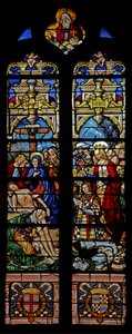 Raam w4 met afbeelding van de Kruisafneming met de schenker François de Montmorency en St. Françoise