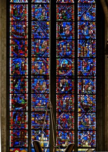 Raam w51 met Een van Les Belles Verrieres met scènes uit de levens van St. Nicolaas, St. Catharina en St. Sever door French School