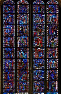 Raam w53 met afbeeldingen uit de levens van St. Catharina, St. Nicolaas, St. Johannes de Doper, St. Stefanus door French School
