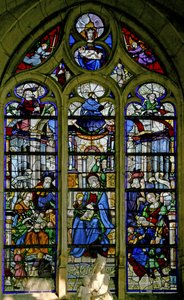 Raam met St. Anna die de Maagd leert lezen; Maria Jacobe en Maria Salome en families; David, Asa, Josias boven door French School