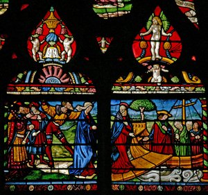 Raam w6 met een scène uit het leven van St. Maria Magdalena - ze gaat aan boord van een boot door French School
