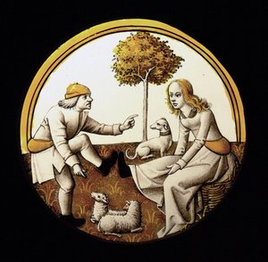 Raam w70 met Onzeker onderwerp (het Jeu de quintaine?) door French School