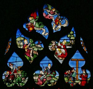 Raam w8 met St. Johannes de Doper, St. Johannes de Evangelist, Abraham en Isaak, Mozes en de brandende braamstruik en de verheffing van het kruis door French School