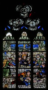 Raam w9 met de gebeurtenissen in Simons huis: Maria Magdalena wast de voeten van Christus