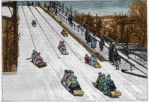 Winterspel en sport: de tobogan glijbaan, achtbaan in Montreal Park, Canada. Gravure in 