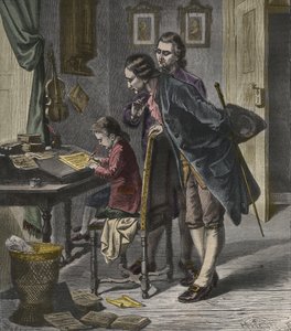 Wolfgang Amadeus Mozart schrijft een concerto in aanwezigheid van zijn vader, Leopold, illustratie uit 