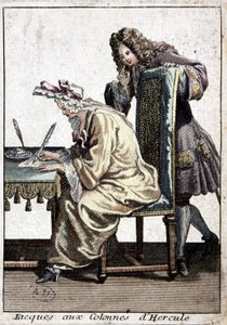 Vrouw in een hemd en slaapmuts die een brief schrijft met een man, n.d. ca. 1715 door French School