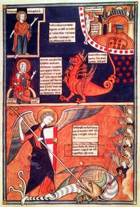Vrouw van de Apocalyps Aangevallen door de Zevenkoppige Draak en St. Michael die de Draak Doodt, uit Liber Floridus door Lambert de Saint-Omer, c.1120 door French School