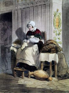 Vrouw die oesters opent, prent uit de serie Vrouwen van Parijs door French School