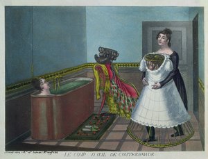Vrouw die een bad neemt terwijl haar dienstmeid stiekem een gluurder verbergt, begin negentiende eeuw (kleurgravure)