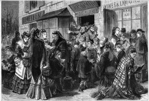 Vrouwen en kinderen zingen hymnes bij de deur van likeurstromen van Chicago naar de Verenigde Staten