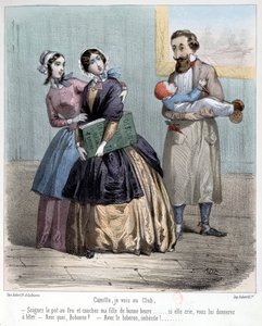 Vrouwen die hun mannen achterlaten om voor de kinderen te zorgen terwijl ze naar hun club gaan, 1848 door French School