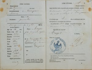 Arbeidershandboek uitgegeven door Mairie van Dampmart aan Felix Auger (geb. 1850), 1864 door French School