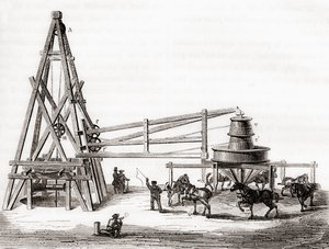 Arbeiders die de carrousel en lier gebruiken om de artesische putten in Grenelle, Frankrijk in de 19e eeuw te boren, uit 