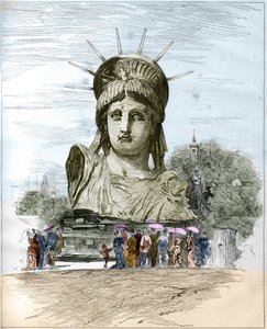 Wereldtentoonstelling 1878 in Parijs: het hoofd van het Vrijheidsbeeld door Frederic Auguste Bartholdi (1834-1904). Gravure door Edgard Morin in 