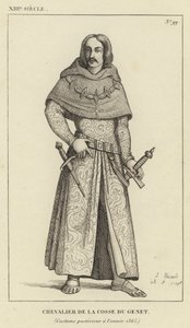 13e eeuw, Ridder van de Cosse du Genet, Kostuum na het jaar 1365 (gravure) door French School