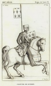 XIII Eeuw, Regering van Lodewijk IX, Oorlogskostuum (gravure)