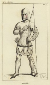 XIV Eeuw, Boogschutter (gekleurde gravure)