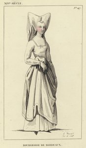 XIV eeuw, Bourgeoise de Bordeaux (gekleurde gravure) door French School