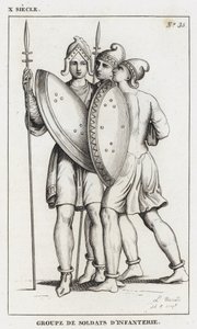 10e eeuw, Groep infanteriesoldaten (gravure) door French School