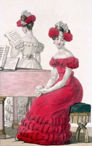 Jonge vrouw in een crêpe avondjurk met een uitgebreide hoofdtooi, advertentie in Modes de Paris, c.1825 door French School