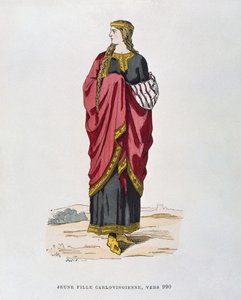 Jonge Karolingische meisje, ca. 990, uit Costumes civils et militaires des francais a travers les siecles door French School