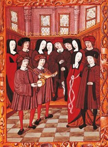 Jong stel luistert naar muzikanten, afbeelding uit een Frans manuscript
