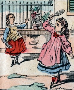 Jonge meisjes spelen battledore en shuttlecock, vroeg spel vergelijkbaar met badminton - Epinal afbeelding - 19e eeuw (gravure) door French School