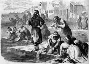 Zouaven van het Franse leger doen hun was. Italië, Risorgimento van 1859. Gravure in 