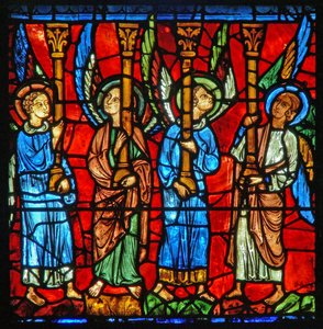 Engelen ondersteunen de troon van de Maagd Maria door French School