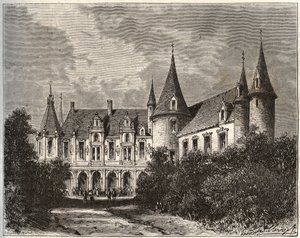 kasteel van de rots in Mezangers in Mayenne - gravure in 