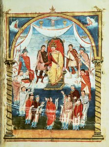 ds Lat 1 fol.423r Koning Karel II ontvangt een Bijbel van Graaf Vivian en de Monniken van Saint-Martin de Tours, uit de Eerste Bijbel van Karel de Kale, ca. 843-51 door French School