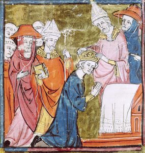 f.106r De kroning van keizer Karel de Grote (742-814) door paus Leo III (ca. 750-816) in St. Pieter, Rome in 800, Grandes Chroniques de France, 1375-79